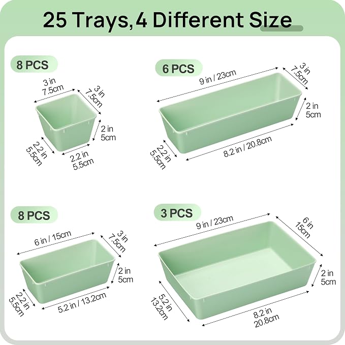 Vtopmart 25 PCS Plastic Drawer Organizers Set, 4-Size Versatile Bathroom and Vanity Drawer Organizer Trays, Storage Bins for Makeup, Bedroom, Kitchen Gadgets Utensils and Office