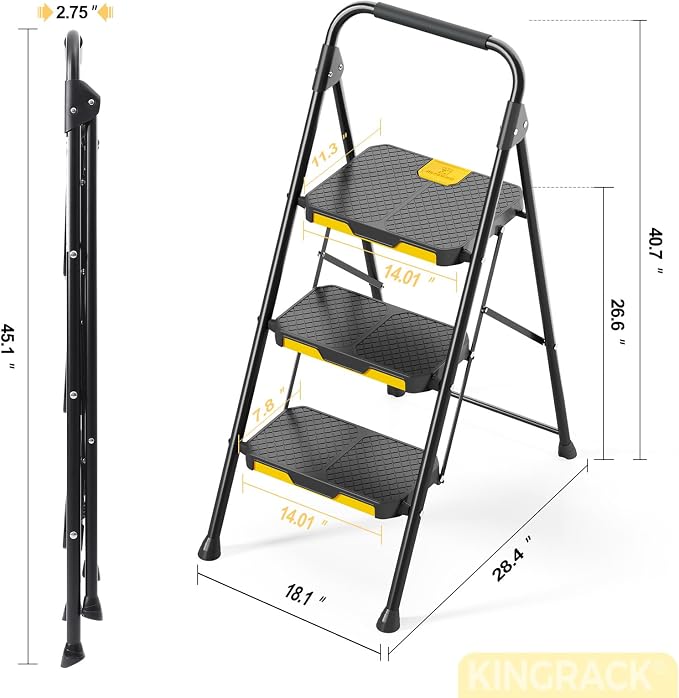 KINGRACK 3 Step Ladder, Sturdy Steel Step Stool with Safe-Lock Design, Handrail, Anti-Slip Wide Pedals, Pass 800lbs Load Testing, Folding Portable Ladder for Multi-Purpose, Home, Kitchen, Black