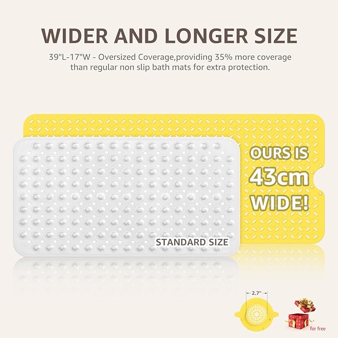 OTHWAY Bath Mat for Tub Non Slip: 39" X 17" Long Bathtub Mat with Hair Catcher│Big Drain Holes Shower Mats for Inside Shower│Machine Washable (Yellow)