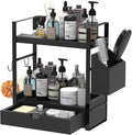2-Tired Bathroom Counter Organizers and Storage, Coffee Bar Organizer with Drawer, Solid Wood Skincare Perfume Organizer for Vanity Kitchen Corner Shelf Office Countertop (Black)