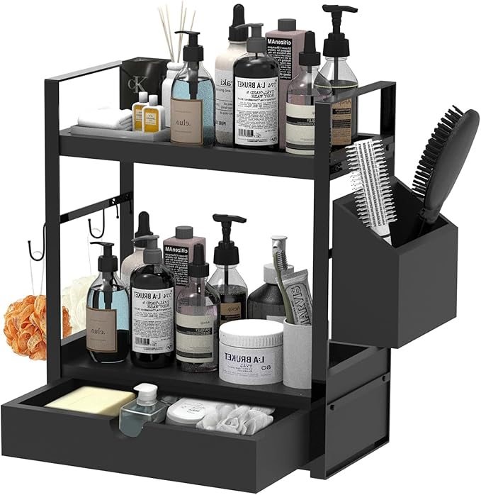 2-Tired Bathroom Counter Organizers and Storage, Coffee Bar Organizer with Drawer, Solid Wood Skincare Perfume Organizer for Vanity Kitchen Corner Shelf Office Countertop (Black)
