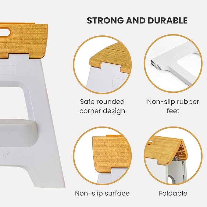 Vigar Compact Folding Step Stool - 16 Inch 2 Step Foldable Step Stool for Adults, Lightweight Portable Stool with Handle, Non Slip Step Stool, Space-Saving Stool up to 330 lb - Grey, Bamboo Print Top