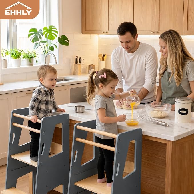 EHHLY Toddler Standing Tower Kitchen Helper – Extra Safe Adjustable 3-Level Learning Tower, Stable Wooden Toddler Kitchen Stool and Step Stool for Independent Learning (Gray)