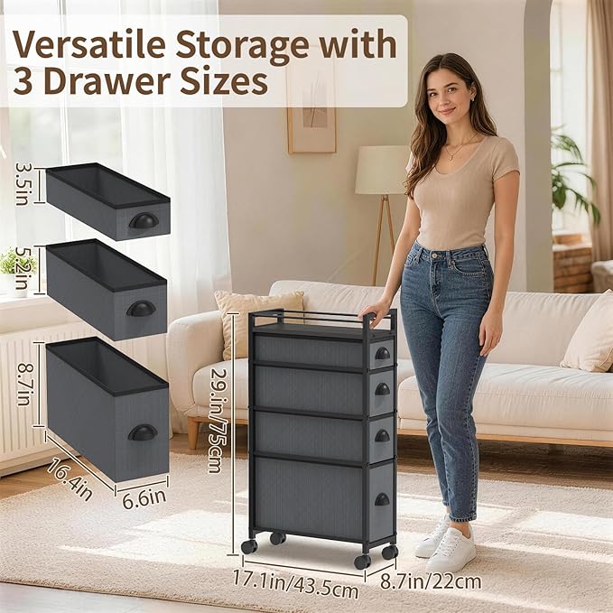 LASZOLA 4 Drawer Narrow Slim Cabinet Skinny Storage Tower Chest, Ideal for Small Spaces, Between Washer and Dryer, Lightweight Mobile on Wheels, Sturdy Fabric Drawers