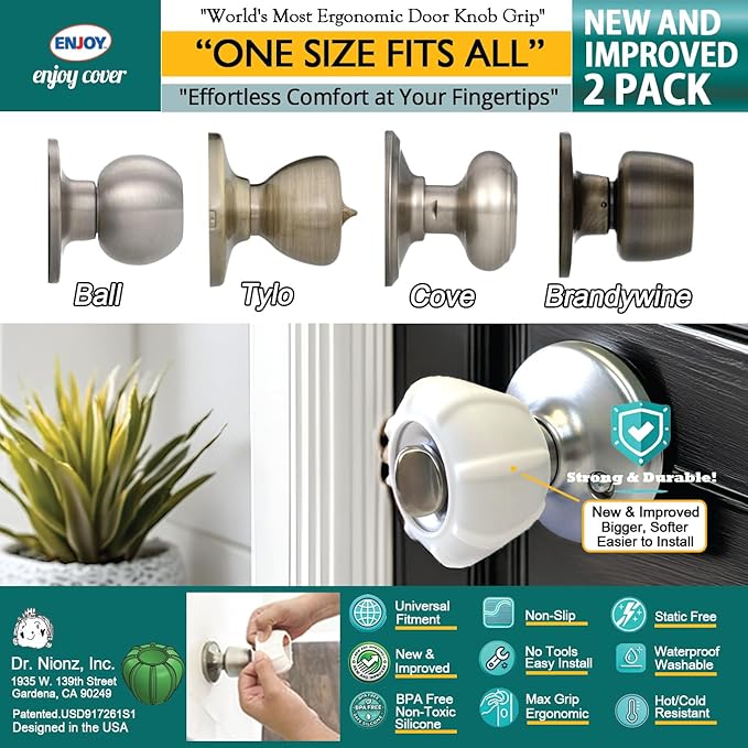 Enjoy Cover | 2 Pack Upgraded Ergonomic Design Door Knob Cover Grips, Non-Slip, Arthritis and Senior Living Aids, Universal Size (White)