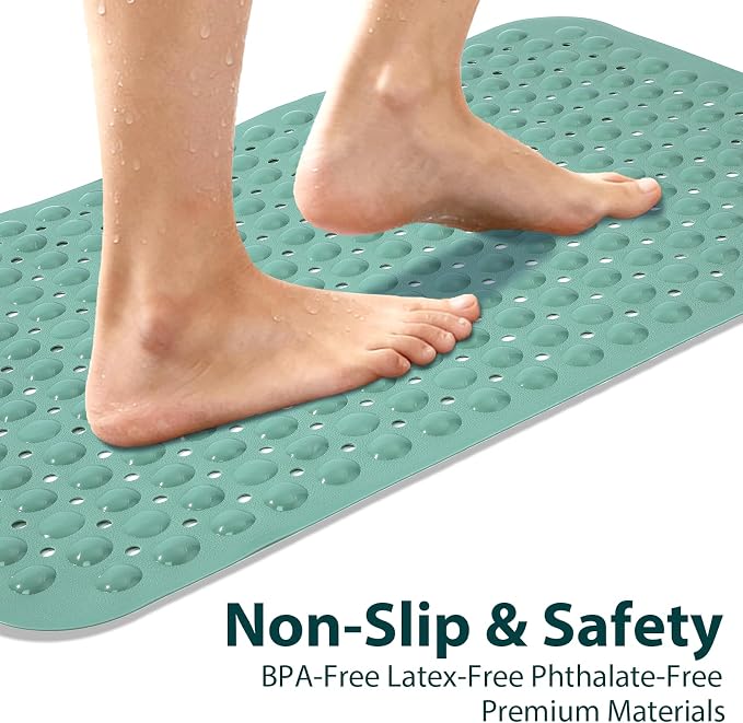 Bathtub Mat Shower Mat Non Slip 17x30 Inch Standard Size, Soft Bubble Bath Tub Mat Shower Mats for Inside Shower Bathroom Floor Mat with Big Suction Cups & Drain Holes, BPA-Free，Mars Green