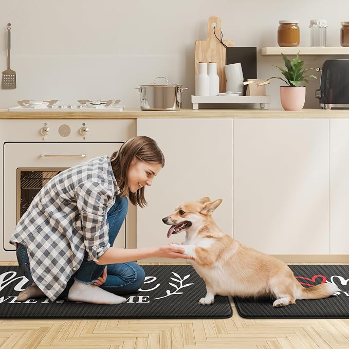HappyTrends Kitchen Mat for Floor, 2PCS Cushioned Anti-Fatigue Kitchen Rugs, Waterproof Non-Slip Standing Mats and Rugs Set for Kitchen, Office, Laundry, Black, 17.3"×30"+17.3"×47"