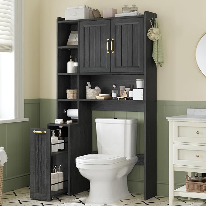 UPOSOJA Over The Toilet Storage Cabinet with Pulley, Bathroom Cabinet, Space Saver W/Adjustable Shelf Rack for Bathroom, Restroom, Laundry (Black-Type A)