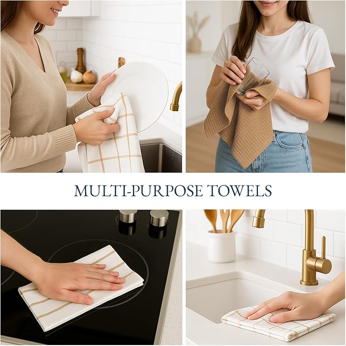 LANE LINEN Kitchen Towels & Dishcloths Set of 12-100% Cotton, Quick-Drying 18” x 28” Absorbent Dish & Tea Towels, Soft Hand Towels for Kitchen - Beige