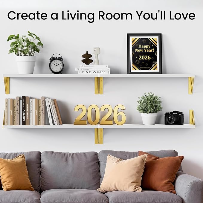BAYKA Wall Shelves for Bedroom Decor, Floating Wall Shelf for Living Room Kitchen Storage, Mounted Rustic Wood Shelves for Kids Books, Corner Shelf for Bathroom(White and Gold，23in，Set of 4)