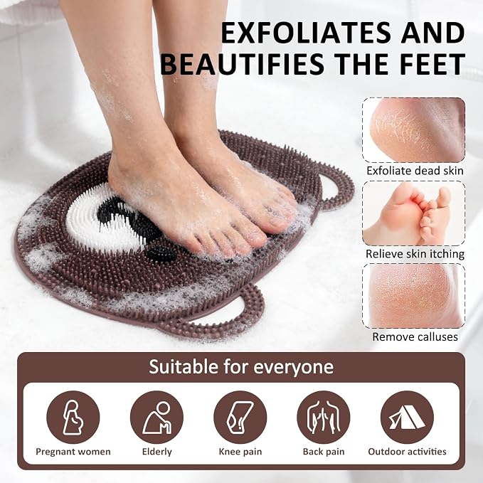 Foot Scrubber Mat for Shower – Silicone Exfoliating Foot Scrub, Dead Skin & Callus Remover, Non-Slip with Suction Cups, Bath Mat for Feet, 14.5" x 11" Brown