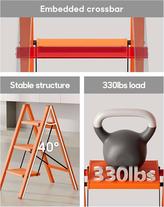 HillhutApex 3 Step Ladder, Lightweight Portable 3 Step Stool with Anti-Slip Wide Pedal, 330lbs Capacity Aluminum Ladder for Household,Office,Kitchen(Orange)