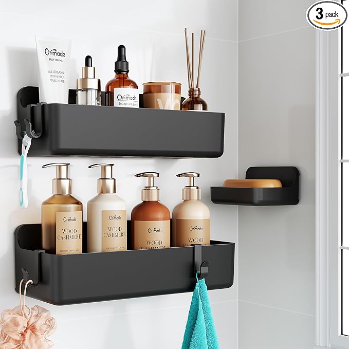 Orimade Shower Caddy 3-Pack, No-Drill Adhesive Shelves with 4 Hooks for Bathroom, Rustproof ABS Plastic Storage Organizer Set, Black
