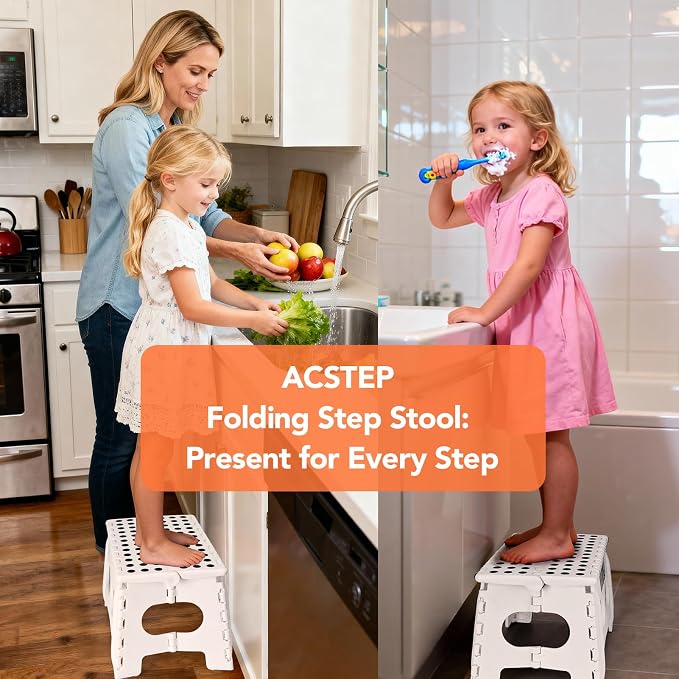 ACSTEP Folding Step Stool 9 Inch,15-Inch Extra Wide Heavy Duty Stepping Stool More Safe and Comfortable Non Slip Foldable Step Stool for Kids and Adults White