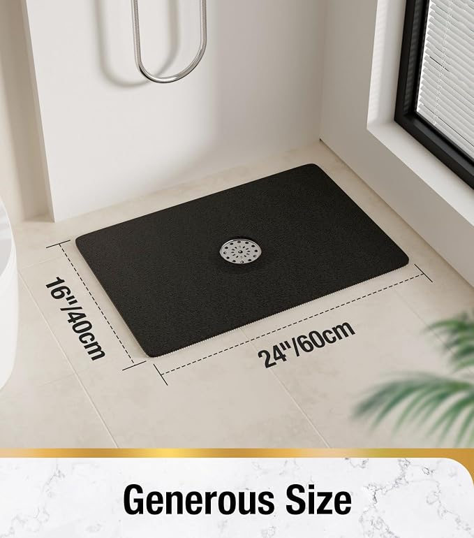 HITSLAM Shower Mat with Center Drain Hole, 24 x 16 Inch Non Slip Bath Mat for Textured Tub, Soft Loofah-Style Bathtub Mat Without Suction Cup, Quick Drying Stall Floor Mat, Bathroom Accessories, Black