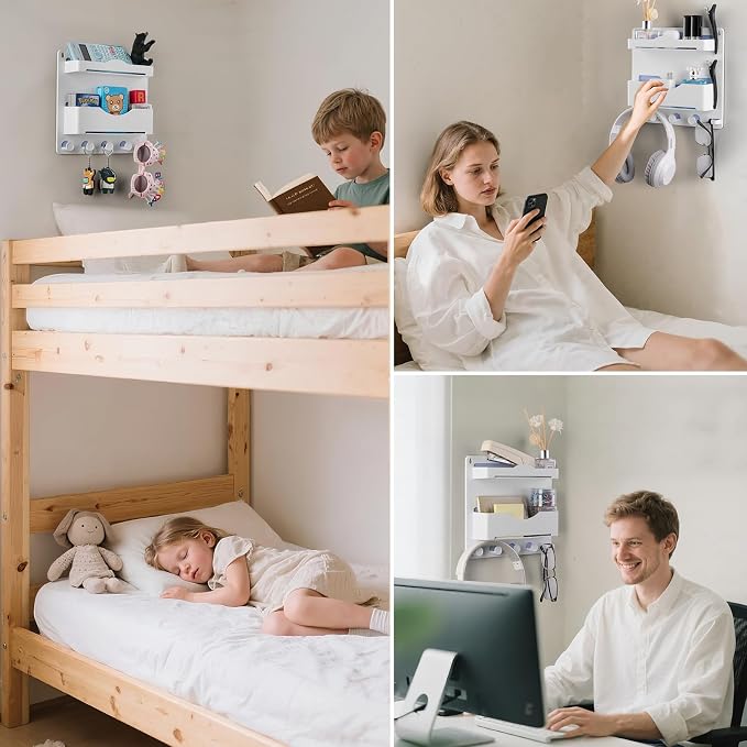 Bedside Wall Shelf Organizer with Glasses Hook, Adhesive Floating Shelf for College Dorm Room Essentials, Cute Room Decor Aesthetic, Teen Girls Bedroom Storage for Phone Kindle Remote - White