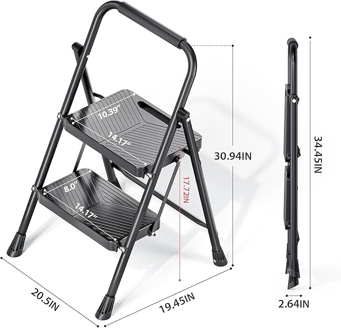 KINGRACK Folding 2 Step Ladder, Portable Ladder for Multi-Purpose, Home, Kitchen, Heavy Sturdy Steel Step Stool with Anti-Slip Wide Pedals, Handrail, Safe-Lock Design, Pass 500lbs Load Testing, Black