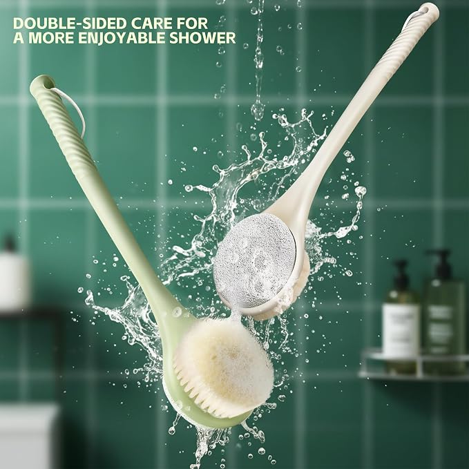 Back Scrubber for Shower, Long Handle Exfoliating Brush, Dual-Sided Bath Brush with Soft Bristles & Volcanic Pumice Stone, Anti-Slip Grip for Men & Women (Light Yellow)