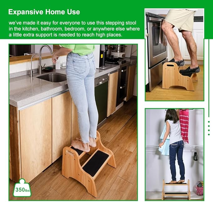 StrongTek 2 Pack Wooden 2 Step Stools for Kids & Adults, Non-Slip Surface, Skid-Resistant Foot Pads, 300 lbs Capacity, Portable with Handles, Safe & Sturdy Design for Kitchen, Bathroom, Bedroom, Home