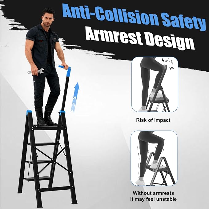 4 Step Ladder,Extendable Single-Handrail Lightweight Aluminum Step Ladder 4 Step Folding,600lbs Max Load Capacity for Household,Kitchen,Office (Blue)