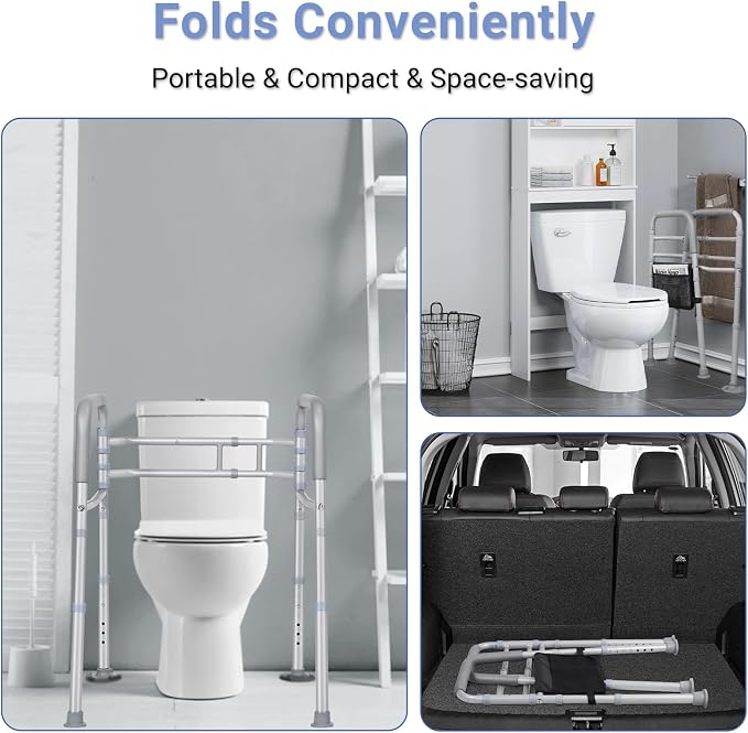 Width & Height Adjustable Toilet Safety Rails - Bathroom Support Handles Grab Bar - Stand Alone Toilet Safety Frame Fits Most Toilet