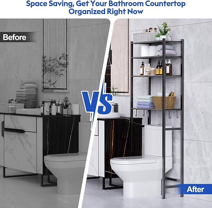 samstar 4 Tier Over The Toilet Storage Rack, Bathroom Organizer Shelves Cabinet Above Toilet, with Adjustable Height Freestanding Shelf Space Saver, Black