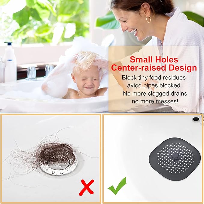 Hair Drain Catcher,Square Drain Cover for Shower Silicone Hair Stopper with Suction Cup,Easy to Install Suit for Bathroom,Bathtub,Kitchen 2 Pack (Black)