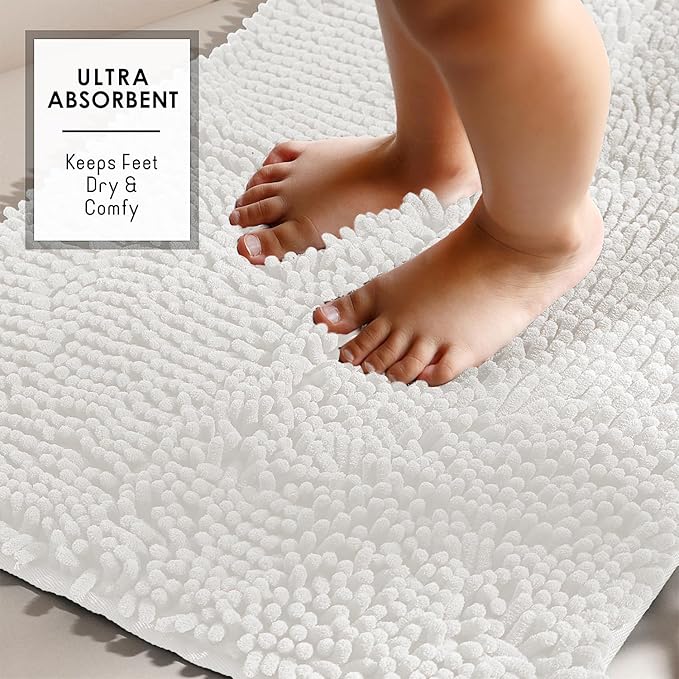 Hearth & Harbor Bathroom Rugs, Chenille Bath Mat - Machine Washable Bath Mats for Bathroom Non-Slip Backing Rubber, Quick Dry Mat - White Bath Rug, 17x24-20x32-20x24