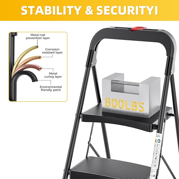 TOOLF 4 Step Ladder Folding Step Stool, Heavy Duty Steel Ladder with Tool Tray, Anti-Slip Wide Pedal, Portable Step Ladder for Home Kitchen Garage, 800 lbs Capacity, Black