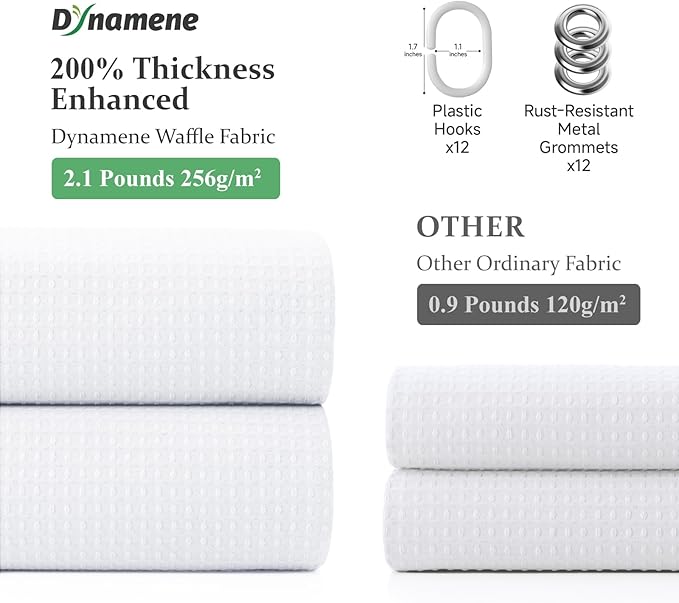 Dynamene White Fabric Shower Curtain, Waffle Weave Heavy Duty Thick Fabric Shower Curtains for Bathroom, 256GSM Weighted Hotel Luxury Cloth Shower Curtain Set with 12 Plastic Hooks, 72Wx72H, White