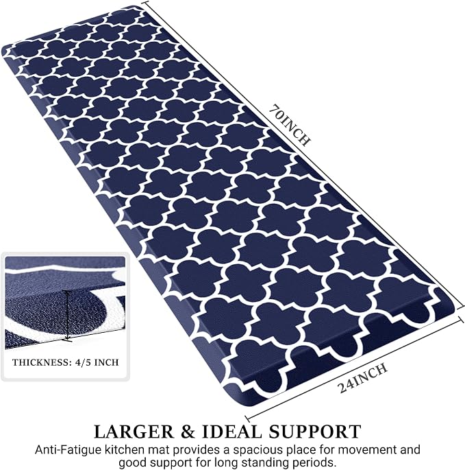 WISELIFE Anti Fatigue Floor Mat - 4/5 Inch Thick Kitchen Mat Non Slip Waterproof Heavy Duty Ergonomic Comfort Mat Durable for Home, Office, Sink, Laundry,(24" x 70", Blue)