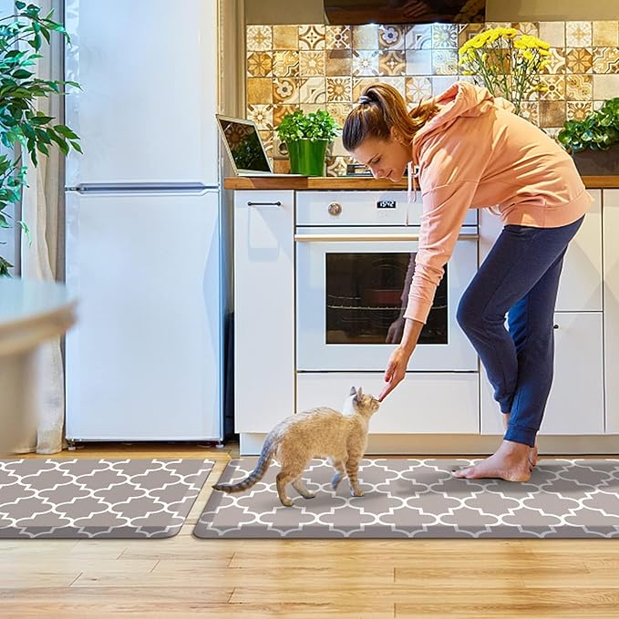 KMAT Kitchen Mat [2 PCS] 0.47inch Cushioned Anti-Fatigue Area Rug Sets, Waterproof Non-Skid Kitchen Mats and Rugs Heavy Duty PVC Ergonomic Comfort Standing Mat for Kitchen, Floor Office,Khaki