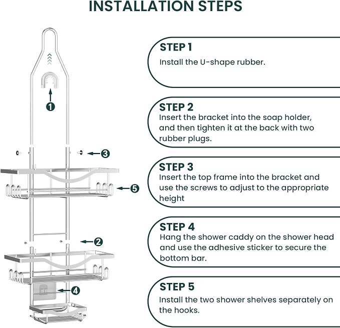Shower Caddy Hanging Adjustable Shower Caddy, Rustproof Shower Organizer Extended Length Showers Caddy Over Shower Head with Hooks Soap Holder, Large Capacity Anti-Swing Bathroom Organizer, Silver