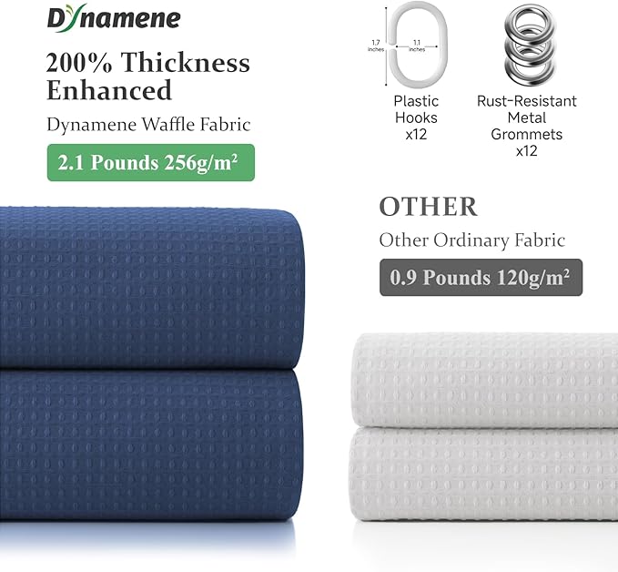 Dynamene Thick Fabric Shower Curtains for Bathroom - Waffle Weave Heavy Duty, 256GSM Hotel Spa Luxury Weighted Polyester Cloth Bath Curtain Set with 12 Plastic Hooks,72x72, Navy Blue