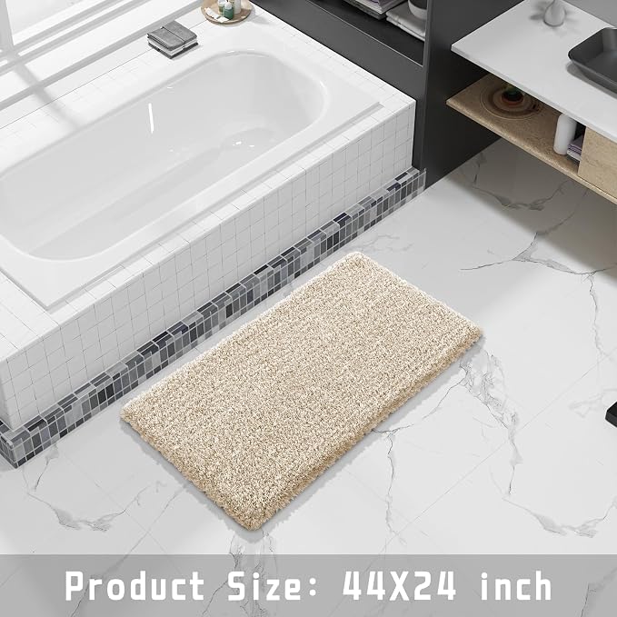 Yimobra Fluffy Plush Bath Rug, Shaggy Soft Comfortable Non Slip, Water Absorbent Microfiber Bath Mat, Dry Quick, Machine Washable Thick Bathroom Floor Rugs for Shower, 44" X 24", Light Beige and White