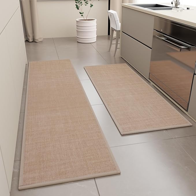SUMLANS Kitchen Mat Set of 2 PCS, Cushioned Non Slip Rugs for Kitchen Floor, Absorbent Runner Comfort Standing Mats Washable for Kitchen, Office, Home (Camel, 17.3"x47"+17.3"x71")
