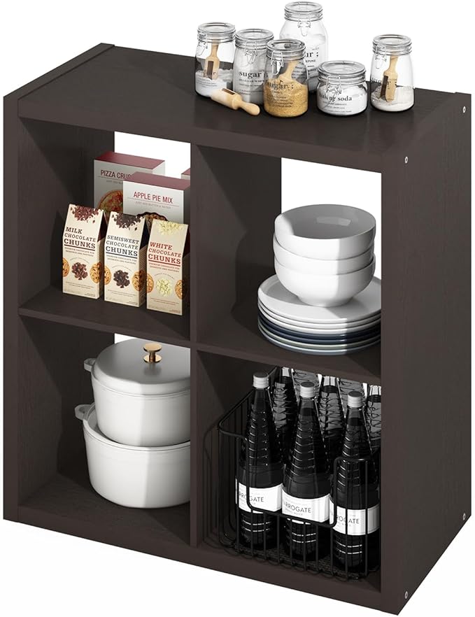 Furinno HERMITE Kitchen Island, 4-Cube Coffee Bar, Extra Thick Kitchen Storage, Bakers Rack, for Pantry Organizers and Storage, Kitchen Organization, Black Dark Oak