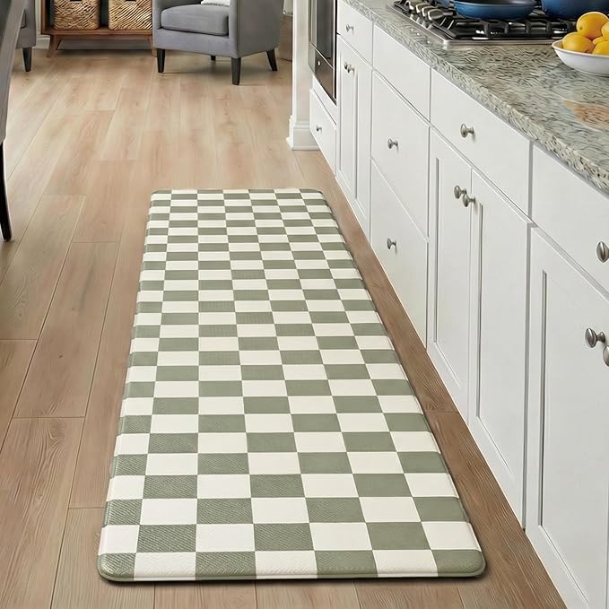 Beige Sage Checkered Grid Checkerboard Kitchen Rug Sets [1 PC], Anti-Fatigue, Waterproof Non-Slip Kitchen Mats Heavy Duty Comfort Foam Rug for Kitchen, Floor, Laundry,17" x59“