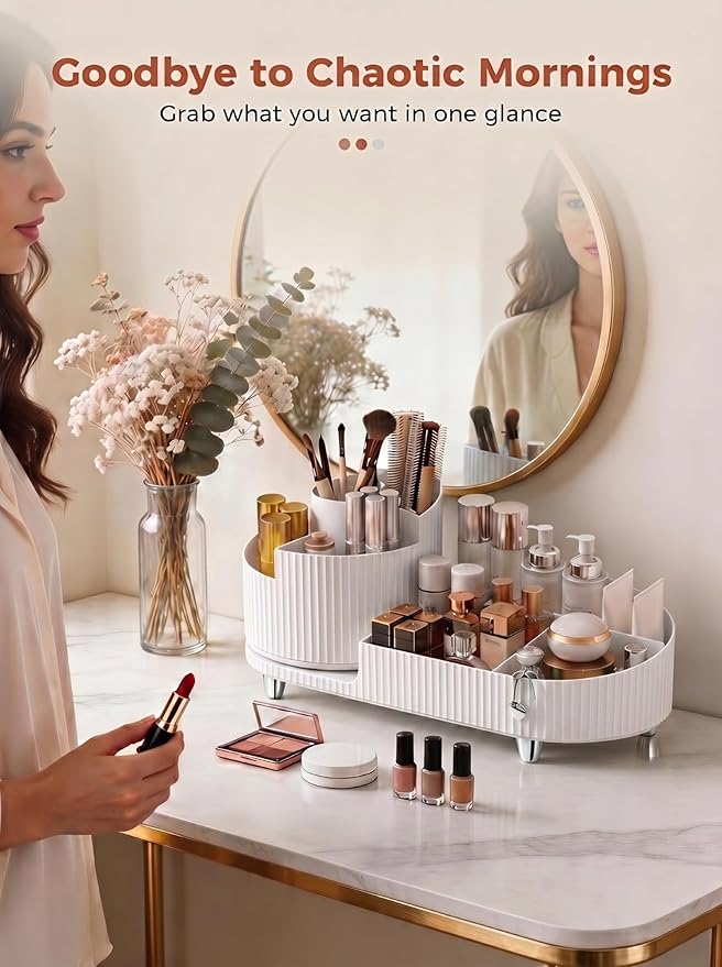 Booklov Rotating Makeup Caddy Organizer for Vanity, Large Capacity Cosmetic Display Case, Countertop Beauty Storage Holder for Skincare, Brush Eyeshadow Lipstick, Counter Desk Organization, White
