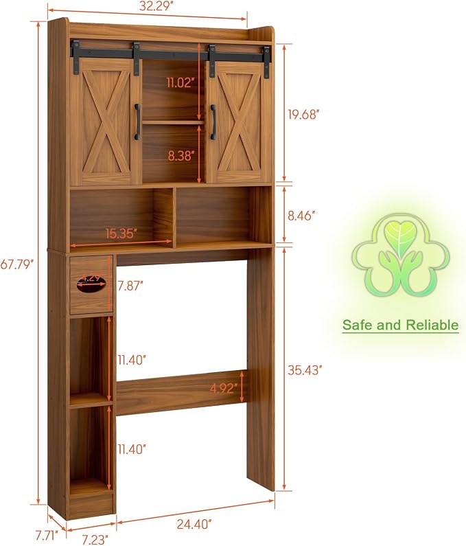 Vabches Over The Toilet Storage Cabinet, Farmhouse Storage Cabinet Over Toilet with Sliding Doors，Home Space-Saving Toilet Rack, for Restroom, Bathroom, Laundry,Caramel