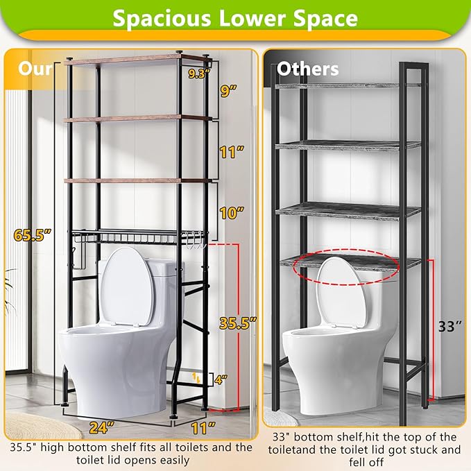 Over-The-Toilet Storage Shelf,4-Tier Bathroom Organizer Cabinet Rack And Storage Over Toilet With Shelf Waterproof Feet Pad And Basket,Multifunctional Space Saver Freestanding Bathroom Shelves（Brown）
