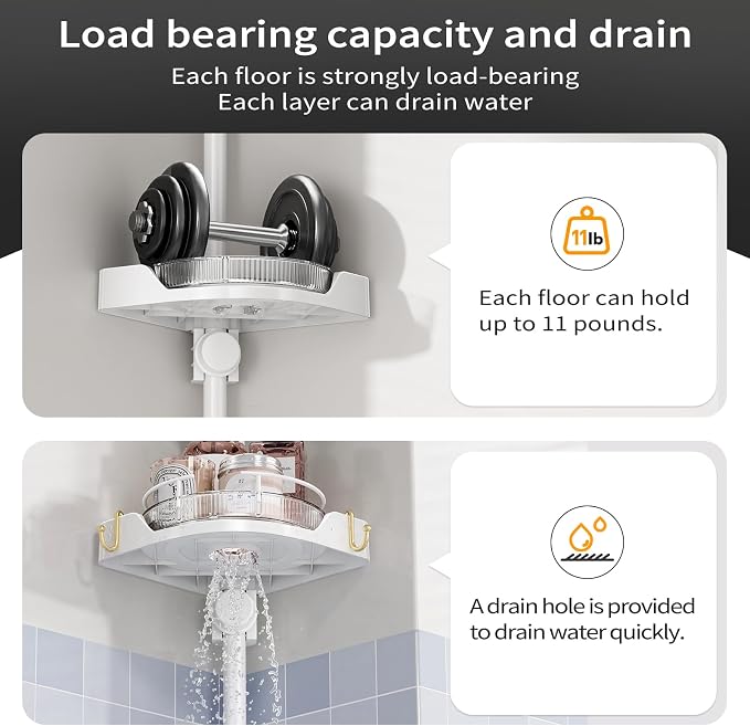 YCIA&DONE 360° Rotating Shower Caddy Tension Pole, 4 Tiers Corner Shower Organizer for Bathroom Shelf Bathtub, Adjustable Standing Shower Rack, Easily Assemble, 34-124 Inch Height, White
