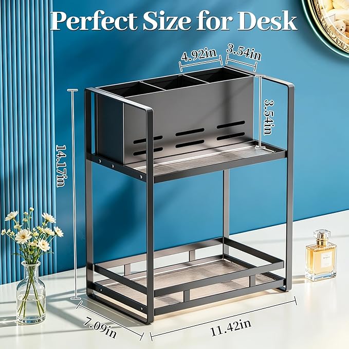 SanDream Hair Tool Organizer Bathroom Countertop, 2-Tier Metal Bathroom Organizer with Blow Dryer Holder, Large Capacity Space-Saving Vanity Shelf for Perfume, Skincare & Makeup Storage (Black)