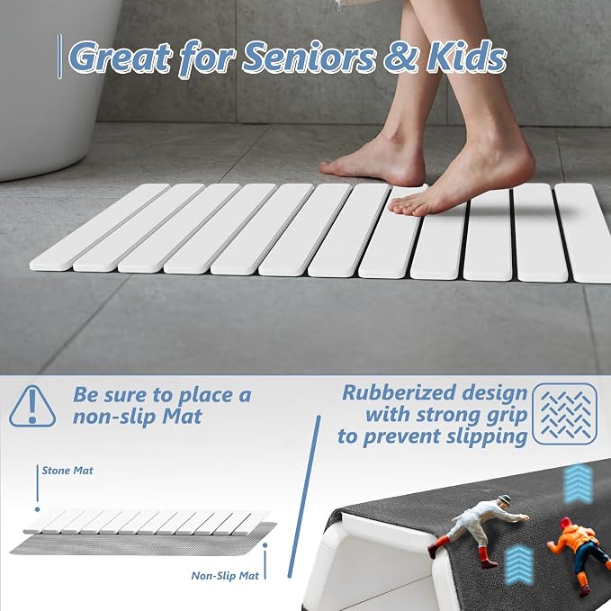 AWW Foldable Stone Bath Mat, Quick Dry Diatomaceous Earth Bath Mat with Non-Slip Mat, Super Absorbent, Easy to Clean, Compact for Small Bathrooms, 31.5 x 15.7, White