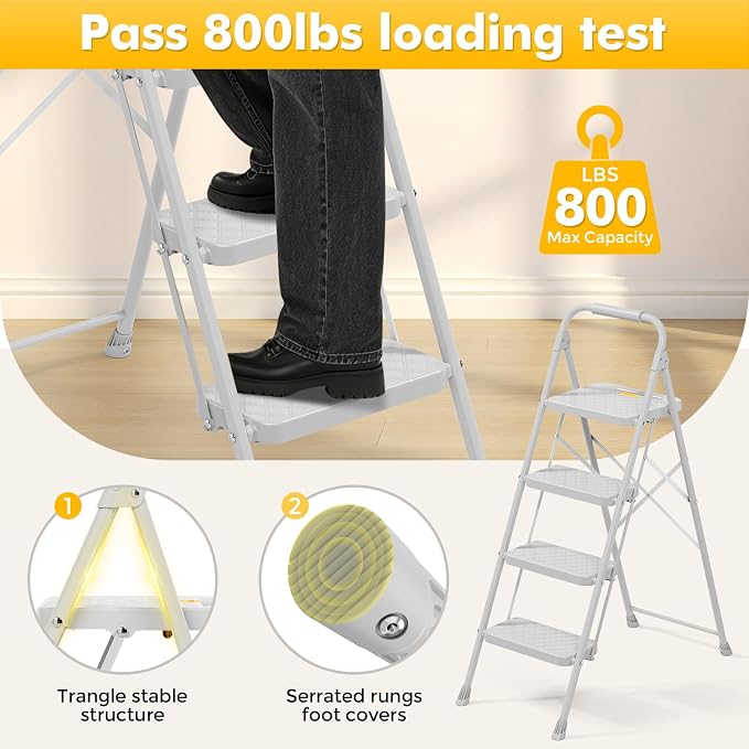 KINGRACK 4 Step Ladder, Folding Step Stool with Safety Lock & Sturdy Anti-Slip Pedals, Pass 800lbs Load Testing, Lightweight, Portable Steel Ladder with Handrails for Home, Kitchen, Garage, Office