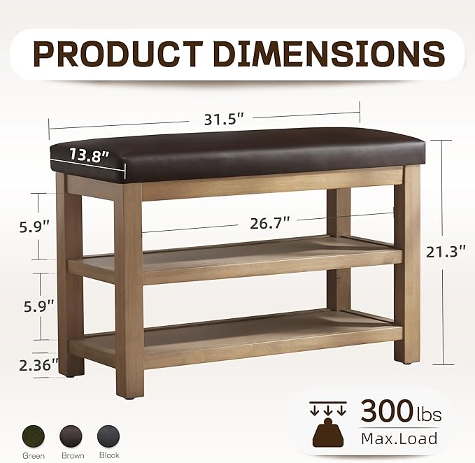 Zihanhome Shoe Rack Bench with Leather Cushion, 2 Tier Solid Wood Storage Bench, Mid-Century Modern Shoe Bench for Entryway, Hallway, Closet, Front Door Entrance, Foyer (Dark Brown, 31.5)