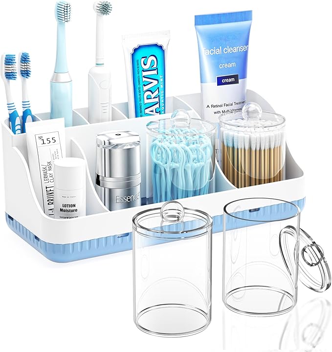 Bathroom Counter Organizer and Storage with 2 Pack Qtip Holder Dispenser, 7 Slots Detachable Toothbrush Holders for Bathrooms, Anti-Slip Electric Toothbrush and Toothpaste Holder Countertop