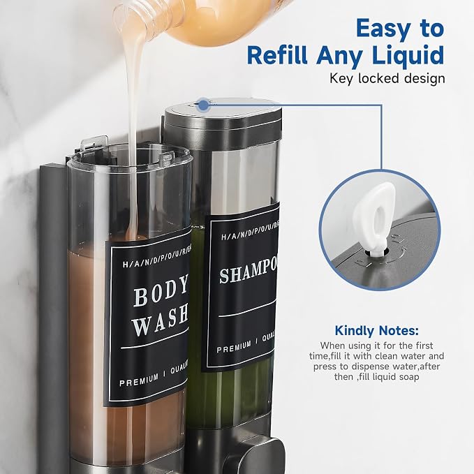 2-Chamber Wall-Mounted Shower Soap Dispenser for Shampoo and Conditioner - No Drill, Large Capacity Bathroom Dispenser for Hotel - Gun Gray