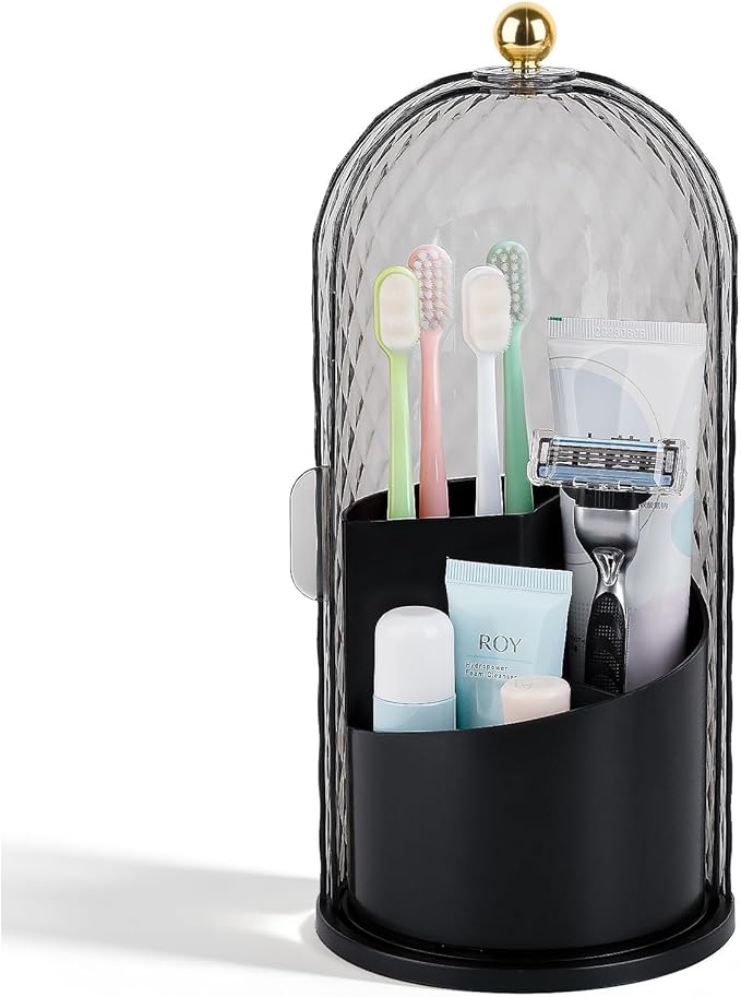 Toothbrush Holder with Cover for Bathroom Countertop, Rotating Organizer for Electric Tooth Brush and Toothpaste, 3-Slot Makeup Brush Storage, Self-Draining Vanity Counter Organizer, Black