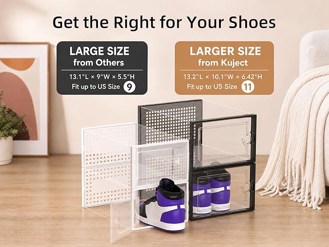 Kuject X-Large Shoe Storage Boxes Organizers Clear Plastic Stackable 12 Pack, Shoe Rack & Holder Substitute, Sneaker Containers, Toy Storage Organizer Bins for Entryway, Closet, Under Bed, Black